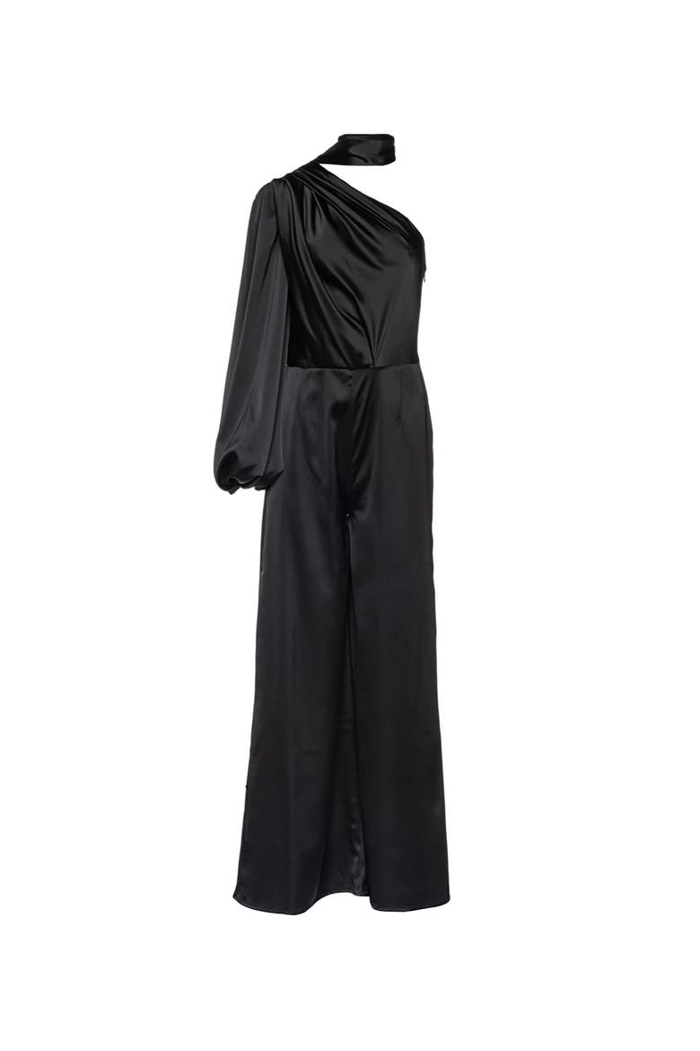 Amalia One Sleeve Satin Jumpsuit, Main, color, Black