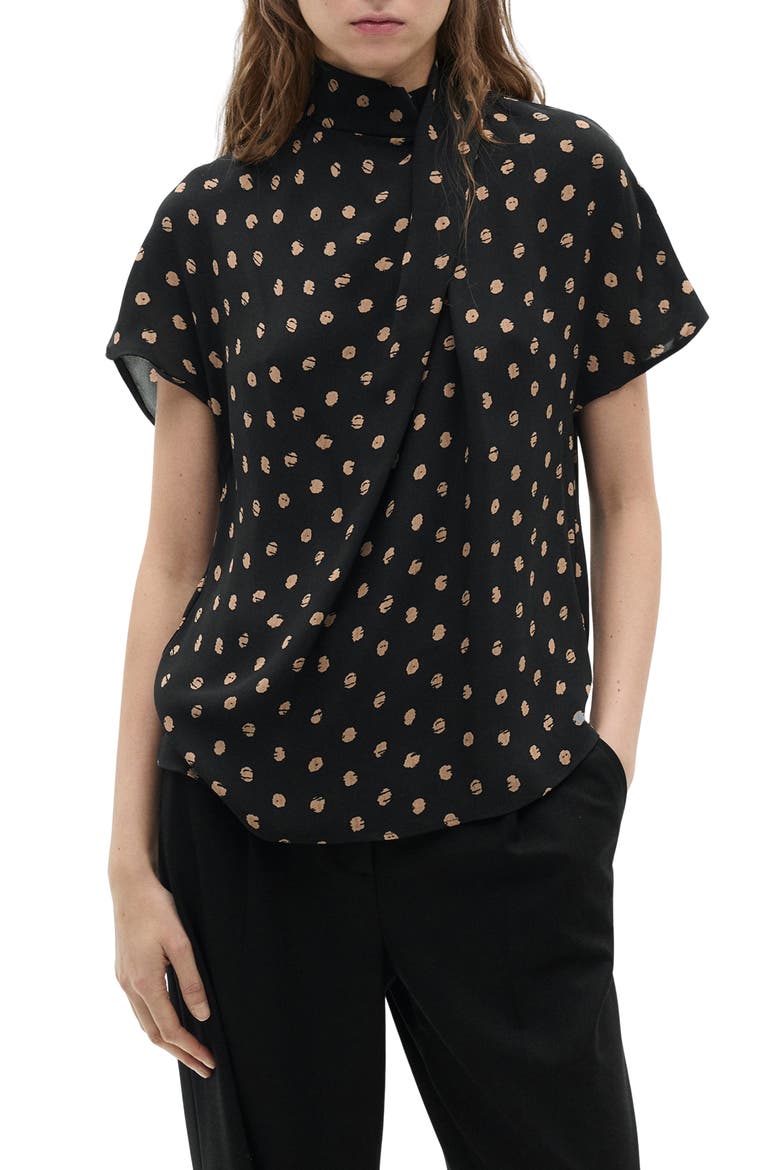 Drape Neck Polka Dot Top, Main, color, BLACK