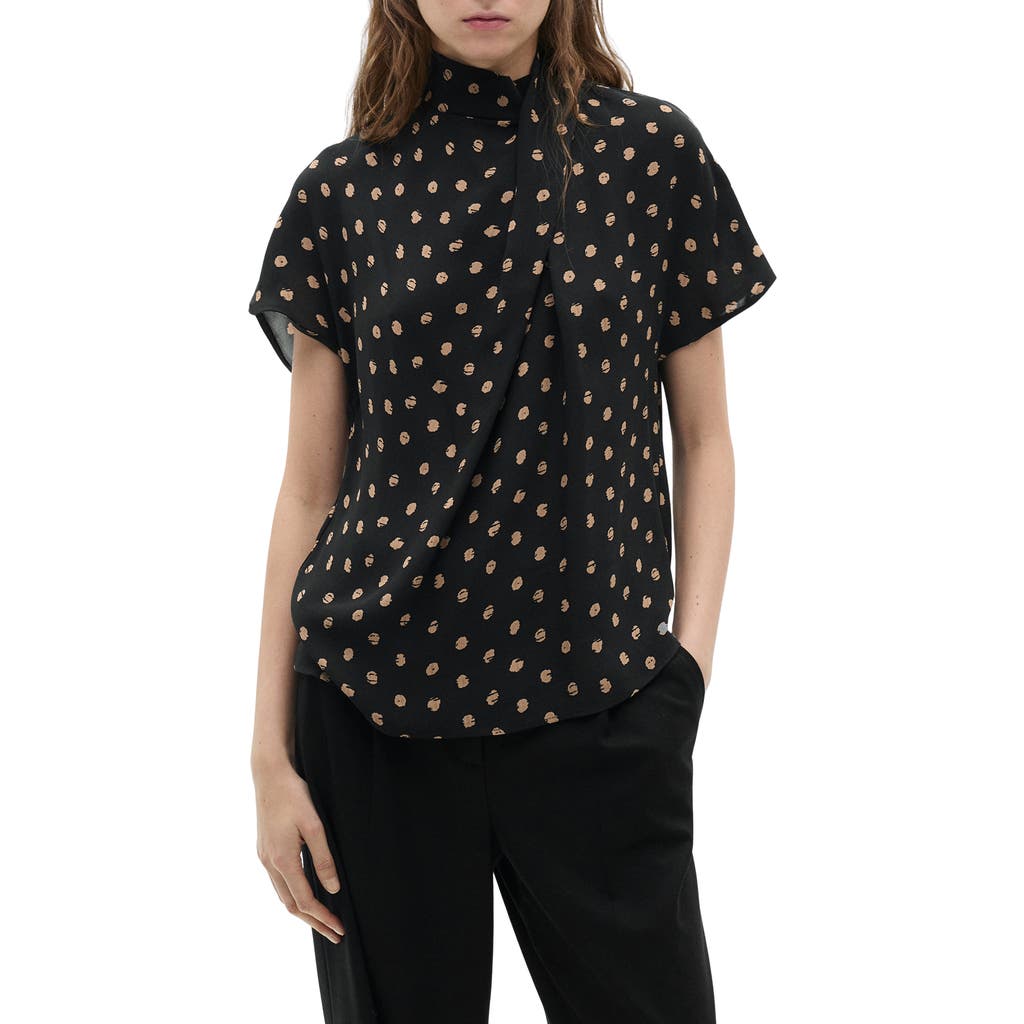 Mango Drape Neck Polka Dot Top In Black