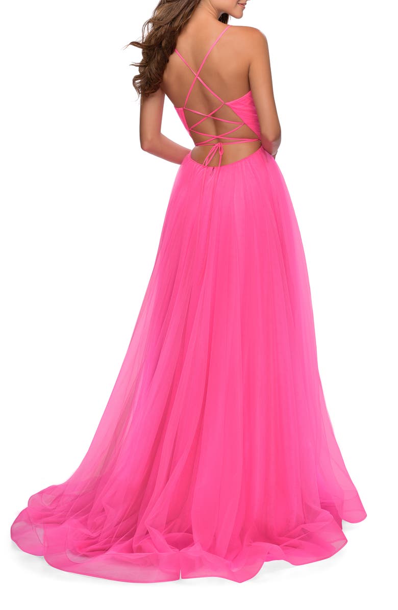 La Femme Long Tulle A-line Gown with Side Slit and Pockets, Alternate, color, Neon Pink