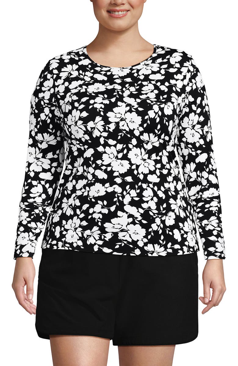 Lands' End Plus Size Long Sleeve Relaxed UPF 50 Rash Guard, Main, color, Black Blossom Floral