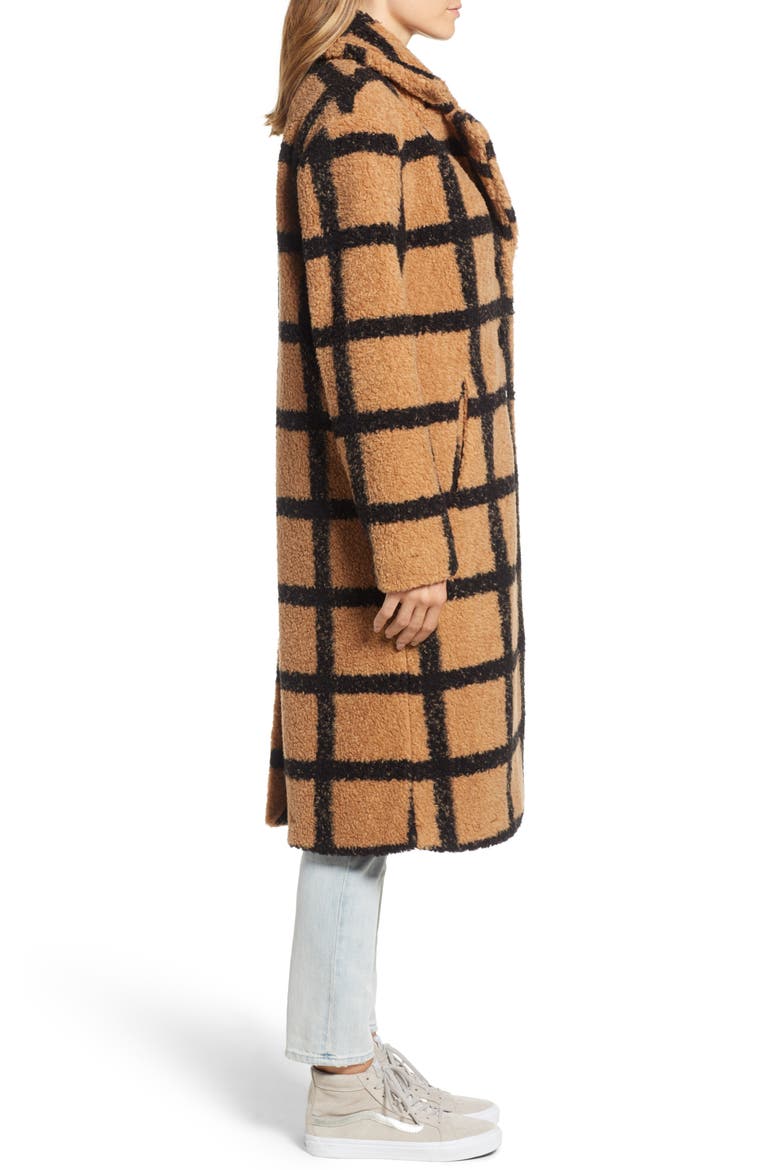Berber Longline Plaid Coat, Alternate, color, CAMEL/ BLACK