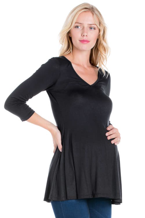 24seven Comfort Apparel Three Quarter Sleeve V-neck Maternity Tunic Top In Black