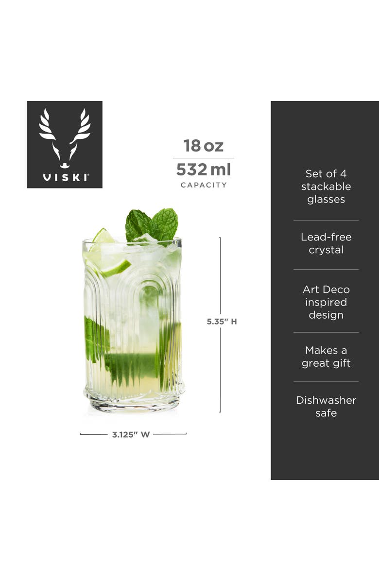 Viski Deco Beau Crystal Highball Glasses Set of 4, Alternate, color, Clear