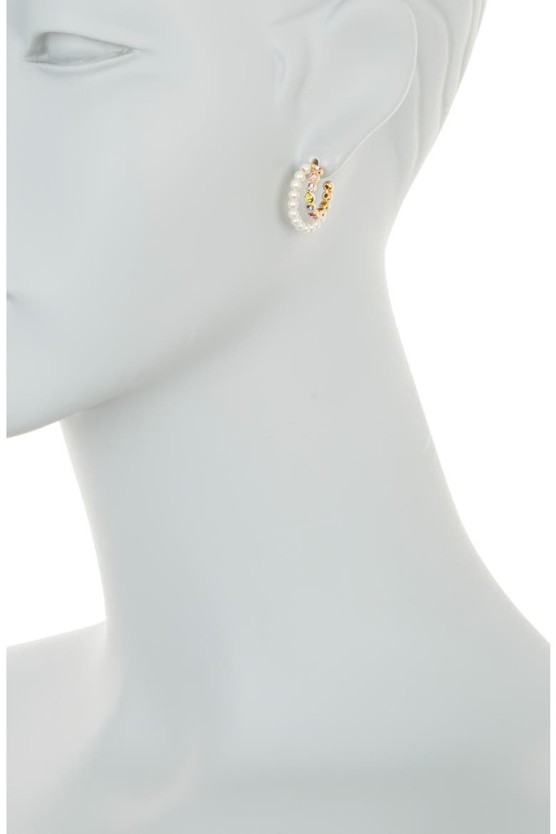 imitation pearl & colorful crystal double row hoop earrings, Alternate, color, CREAM/MULTI
