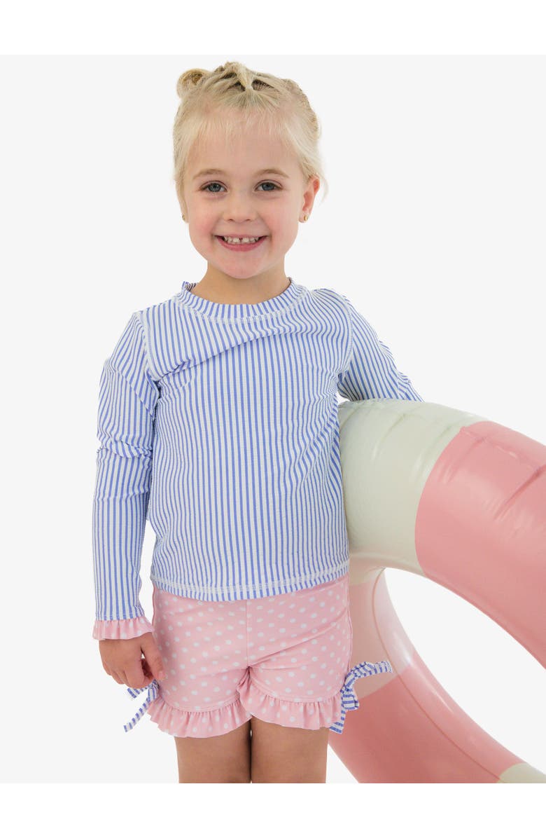 RuffleButts UPF50+ Seersucker Long Sleeve Rash Guard Ruffle Shorts 2-Piece Swimsuit, Alternate, color, Periwinkle Blue Seersucker