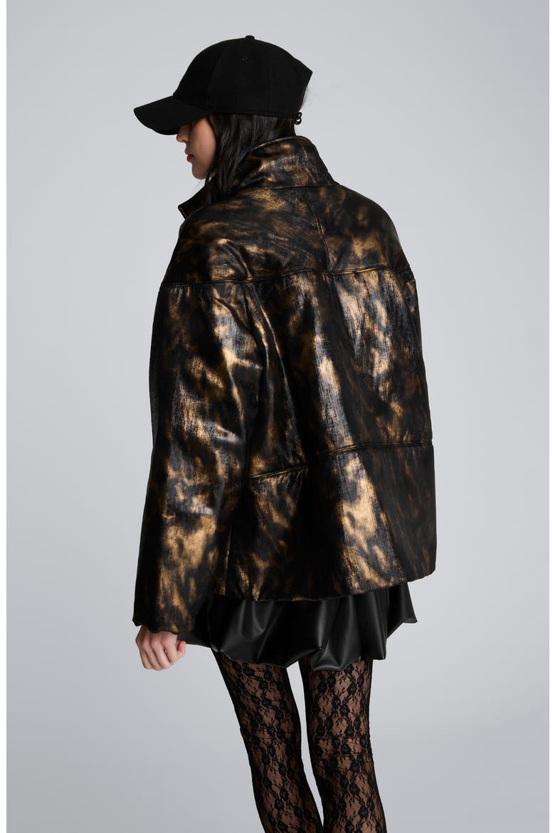 Animal Print Foiled Satin Seamed Puffer Jacket, Alternate, color, BLACK/ MARSH BROWN