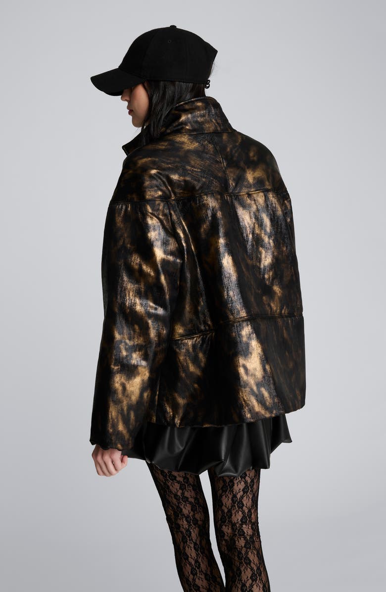 Kenneth Cole Animal Print Foiled Satin Seamed Puffer Jacket, Alternate, color, Black/ Marsh Brown