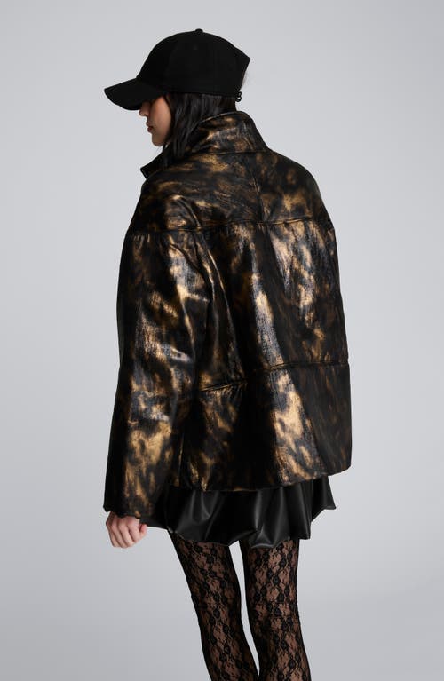 Kenneth Cole Animal Foiled Satin Lightweight Seamed Puffer Jacket In Black