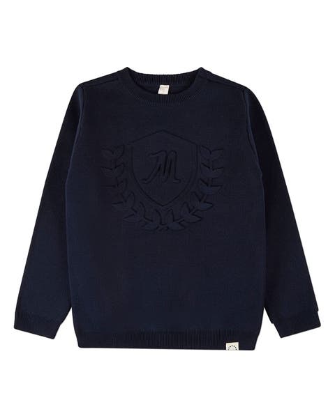 Kids Knit Pullover Crewneck Sweater with Embossed 3D Crest