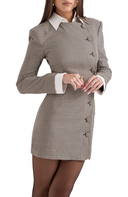 House Of Cb Leoni Houndstooth Long Sleeve Minidress In Brown And Black Check