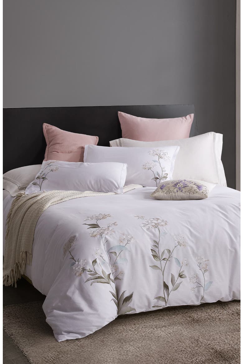 White Hydrangea Embroidery Cotton Duvet Cover Set, Main, color, WHITE/ WHITE