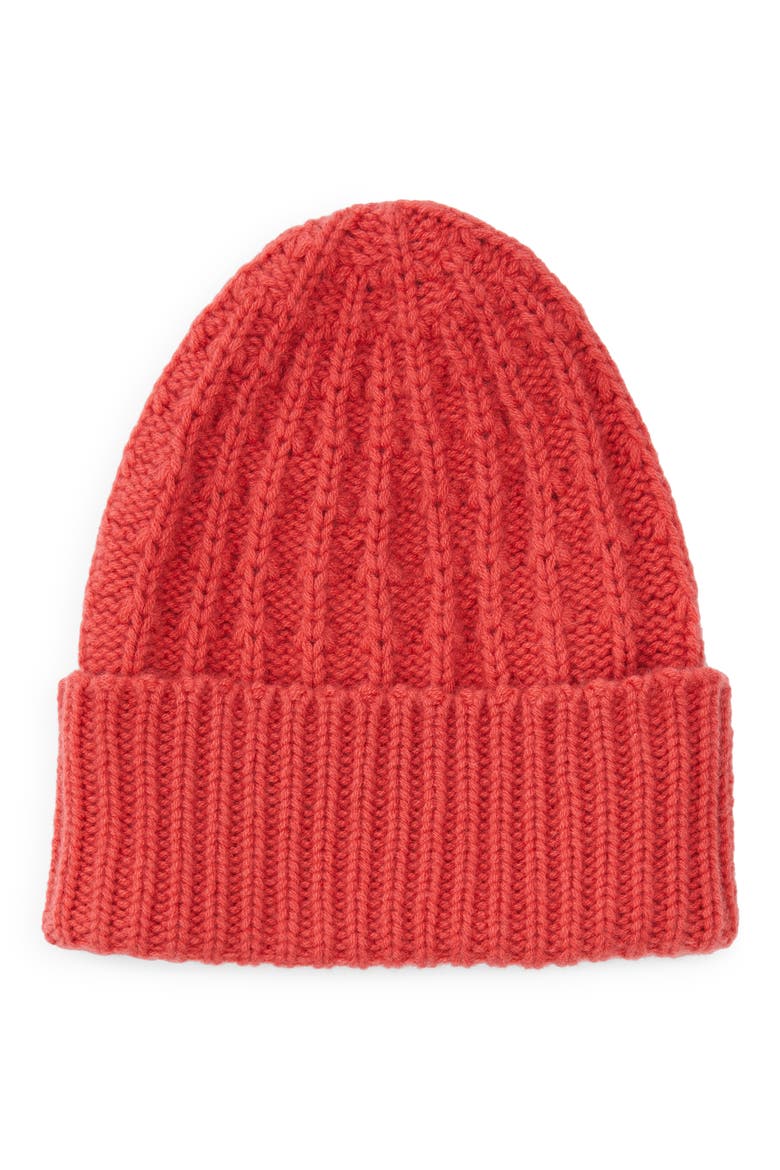 Textured Stitch Cashmere Cuff Beanie, Main, color, VIBRANT CORAL