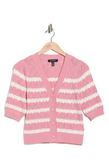 Ellen Tracy Stripe Short Sleeve Pointelle Cardigan In Pink