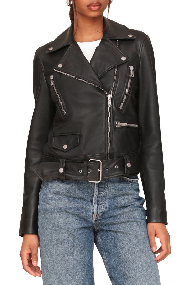 Avec Les Filles Belted Leather Biker Jacket, Alternate, color, Black