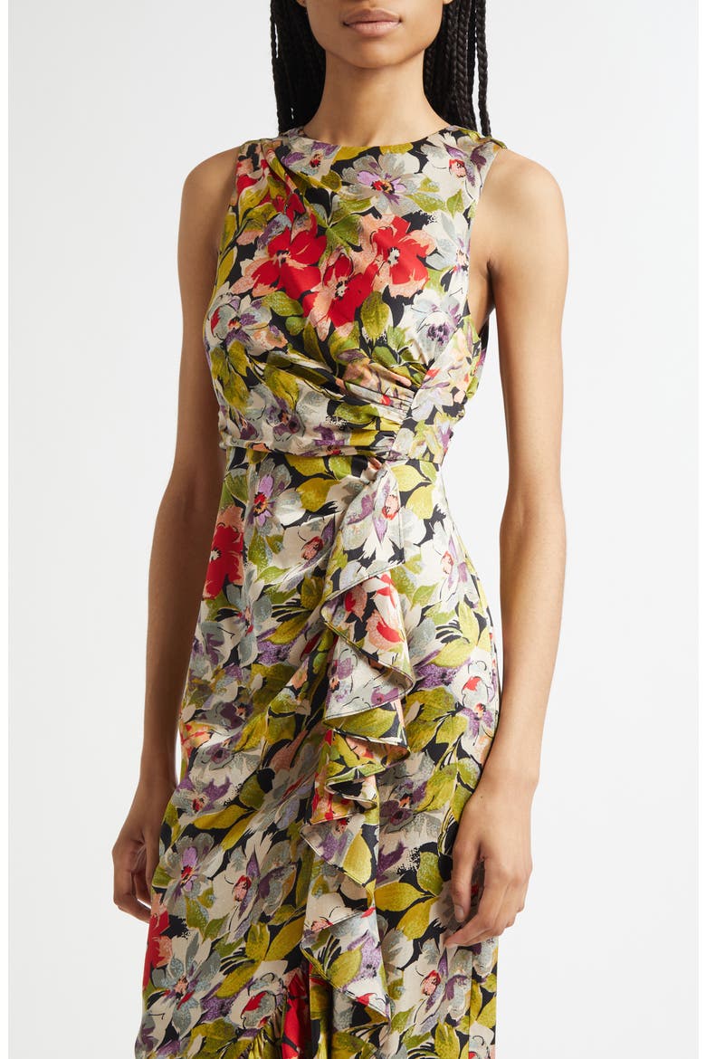 Canyon Bloom Elvira Ruffle Sleeveless Silk Midi Dress, Alternate, color, BLACK MULTI