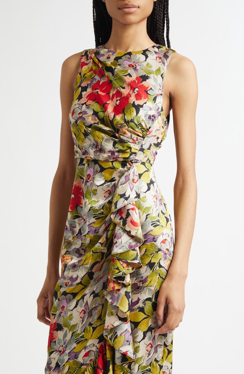 Cinq à Sept Canyon Bloom Elvira Ruffle Sleeveless Silk Midi Dress, Alternate, color, Black Multi