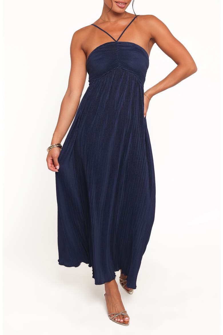 Polly Pleated Sleeveless Midi A-Line Dress, Main, color, NAVY