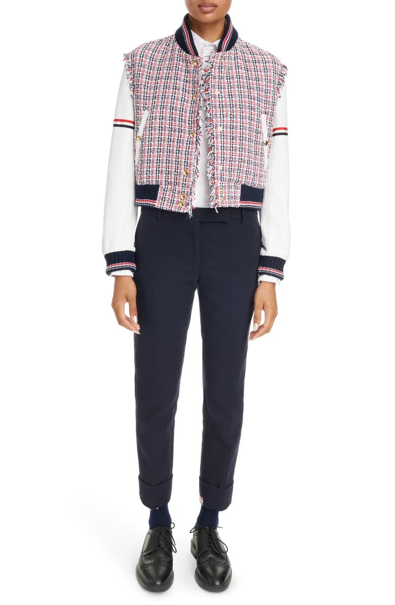 Thom Browne Check Tweed & Leather Varsity Jacket, Alternate, color, 