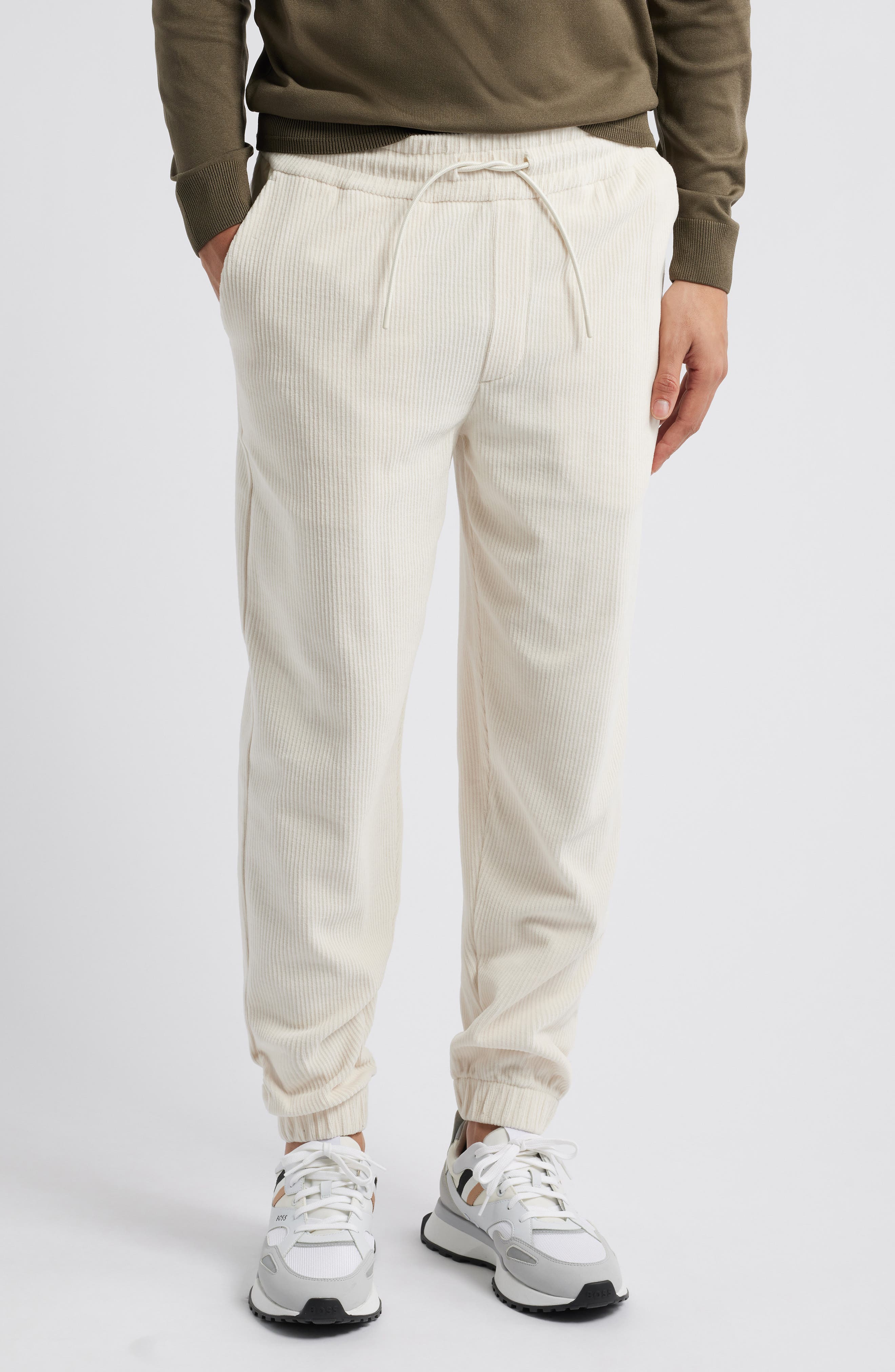 BOSS Larsen Drawstring Cordroy Pants in Open White 