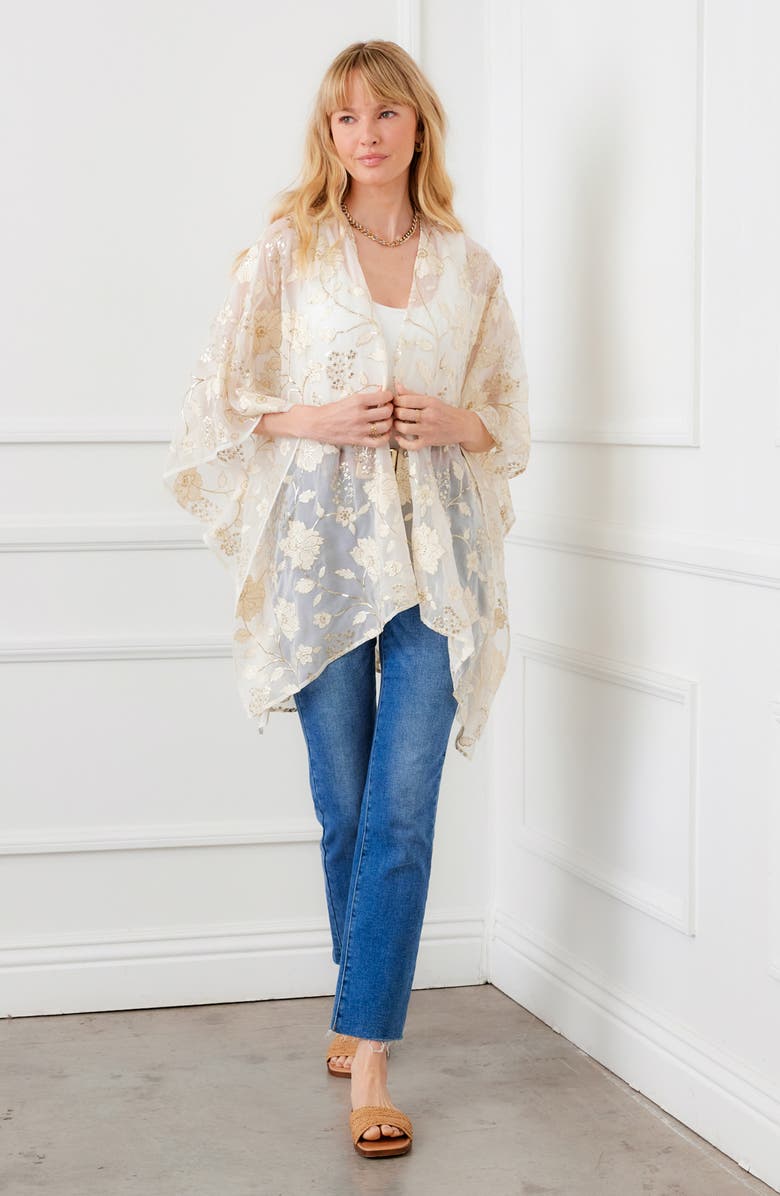 Karen Kane Embroidered Floral Open Front Jacket, Alternate, color, Off White