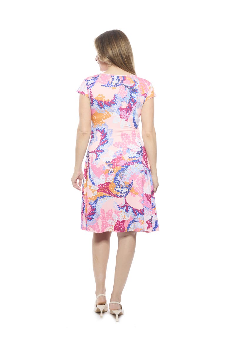 24seven Comfort Apparel Womens Abstract V-Neck Cap Sleeve Ruched Front Knee Length Dress, Alternate, color, Pink Multi