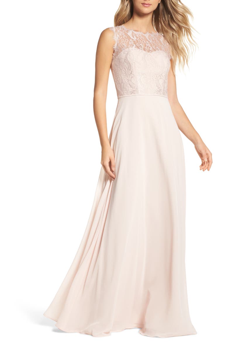 Lace & Chiffon A-Line Gown, Main, color, ROSE BLUSH CASHMERE