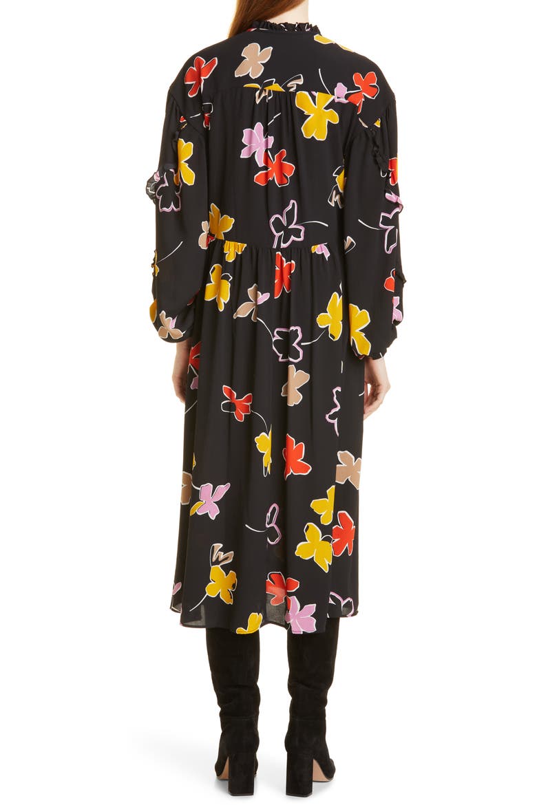 Yviee Chuck Ruffle Long Sleeve Floral Midi Dress, Alternate, color, BLACK