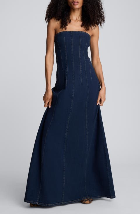 Seamed Strapless Denim Maxi Dress
