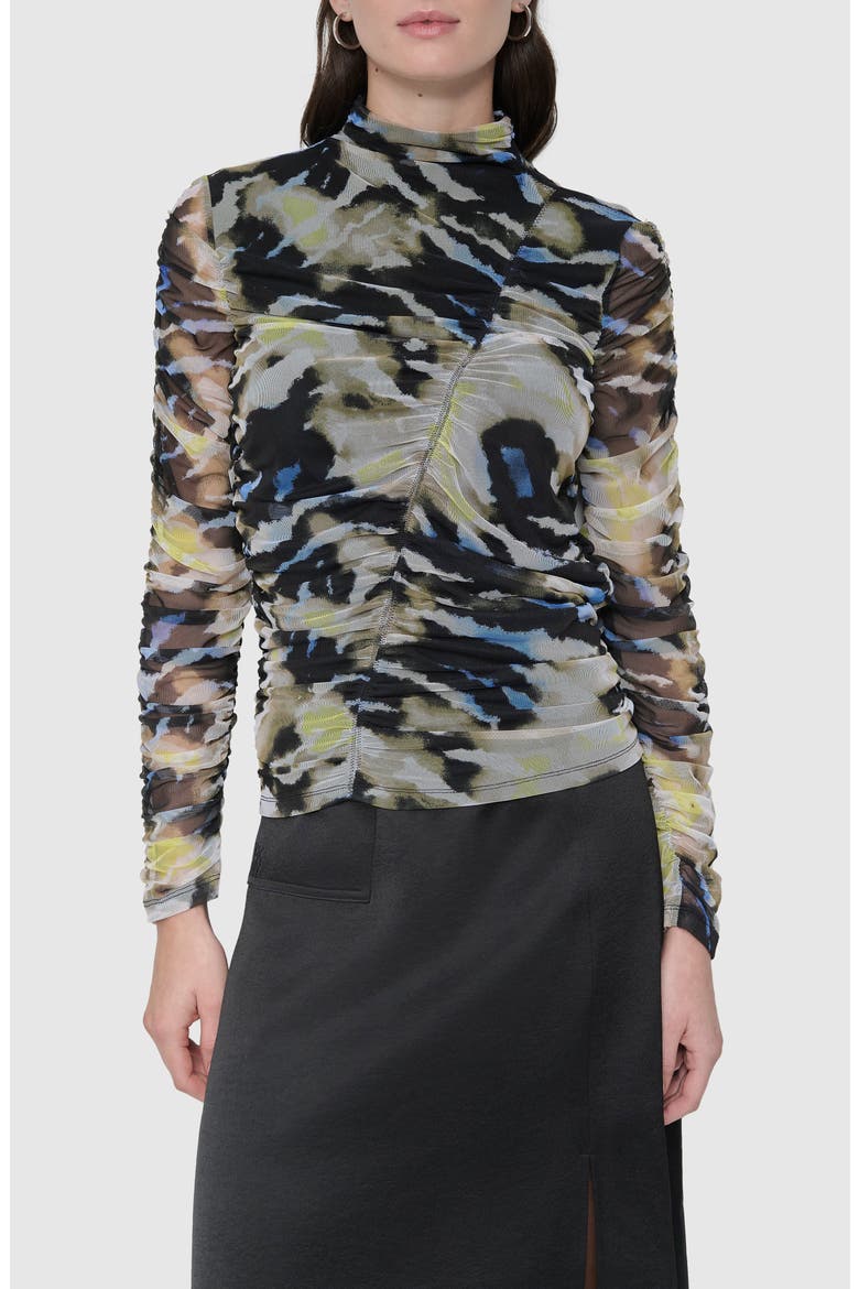 Printed Ruched Mesh Top, Main, color, ABSTRACT TIGER