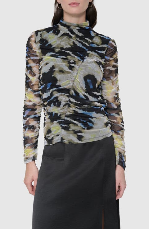 Printed Ruched Mesh Top