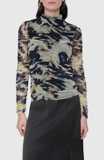 Printed Ruched Mesh Top