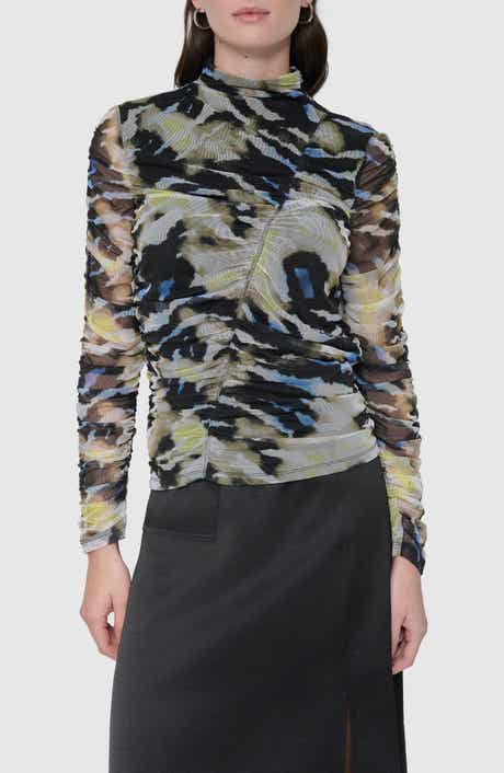 Printed Ruched Mesh Top