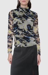 DKNY Printed Ruched Mesh Top