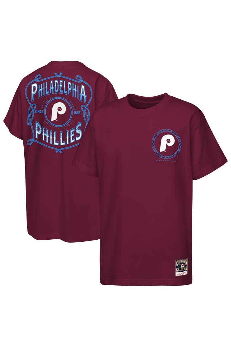 Youth Mitchell & Ness  Burgundy Philadelphia Phillies Cooperstown Rodeo Rope T-Shirt, Main, color, Burgundy