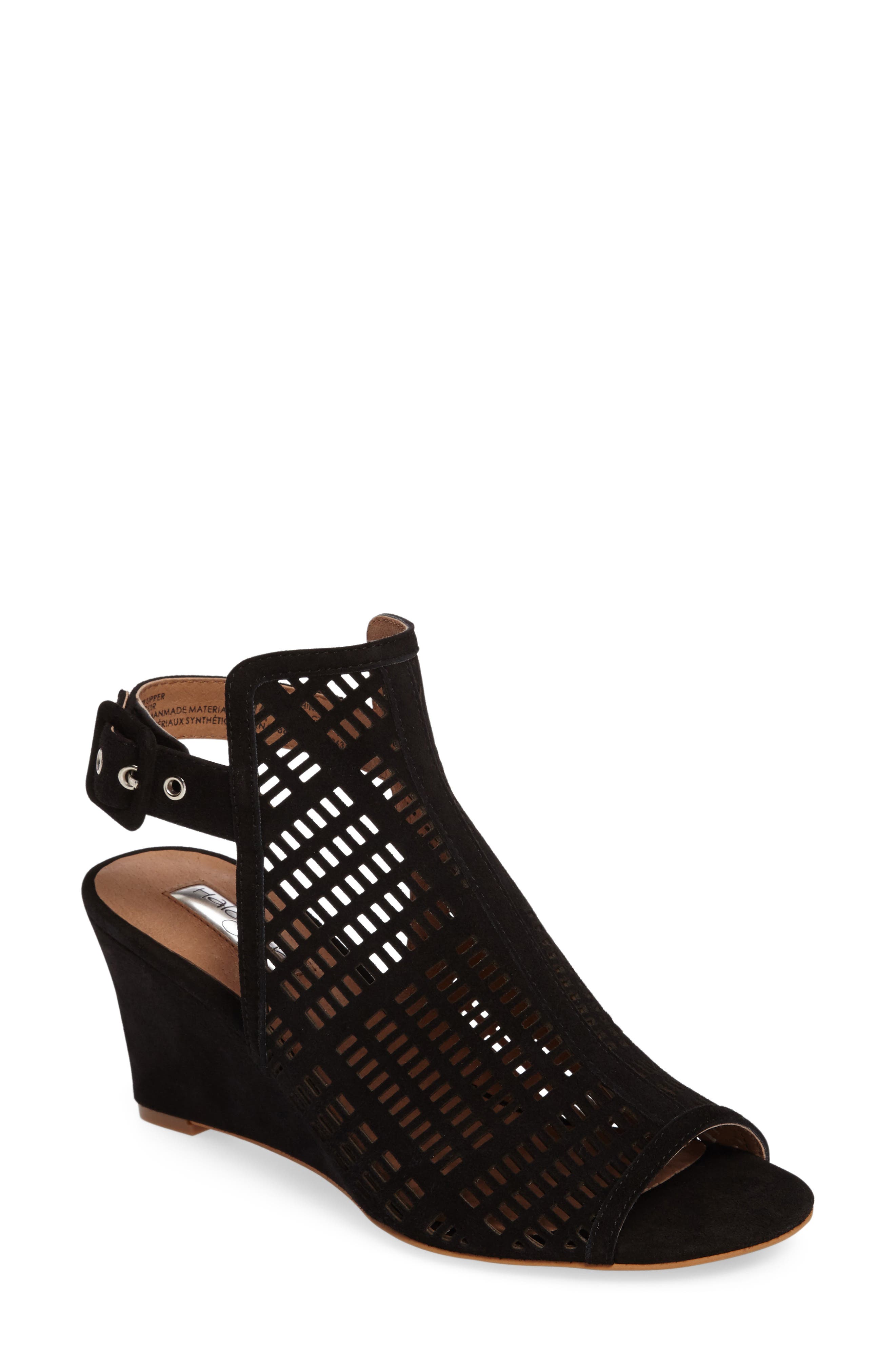 Rosina Laser Cut Wedge Sandal, Main, color, BLACK SUEDE
