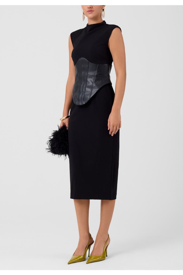 Donatella Faux Leather Corset Midi Dress, Alternate, color, Black