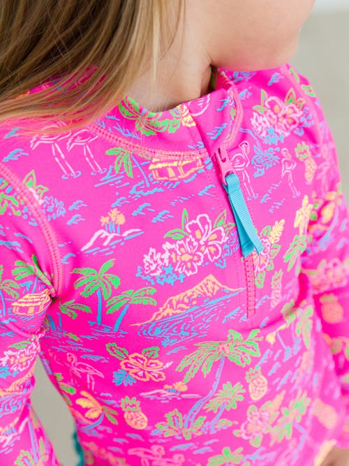 Rufflebutts Toddler Girls Upf50+ Long Sleeve Zipper Rash Guard 2-piece In Neon Island Time