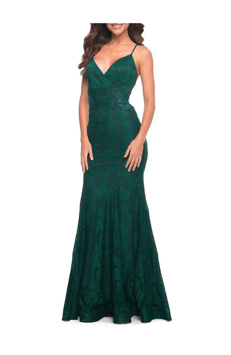 La Femme Lace Gown with Sheer Lace Applique Side Panels, Main, color, Dark Emerald
