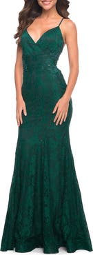 La Femme Lace Gown with Sheer Lace Applique Side Panels