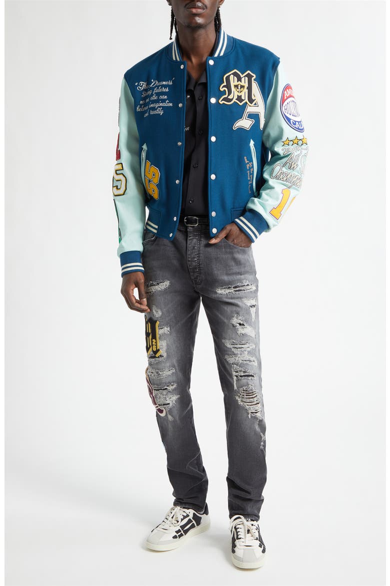 Varsity Patch Rip & Repair Skinny Jeans, Alternate, color, BLACK SAND