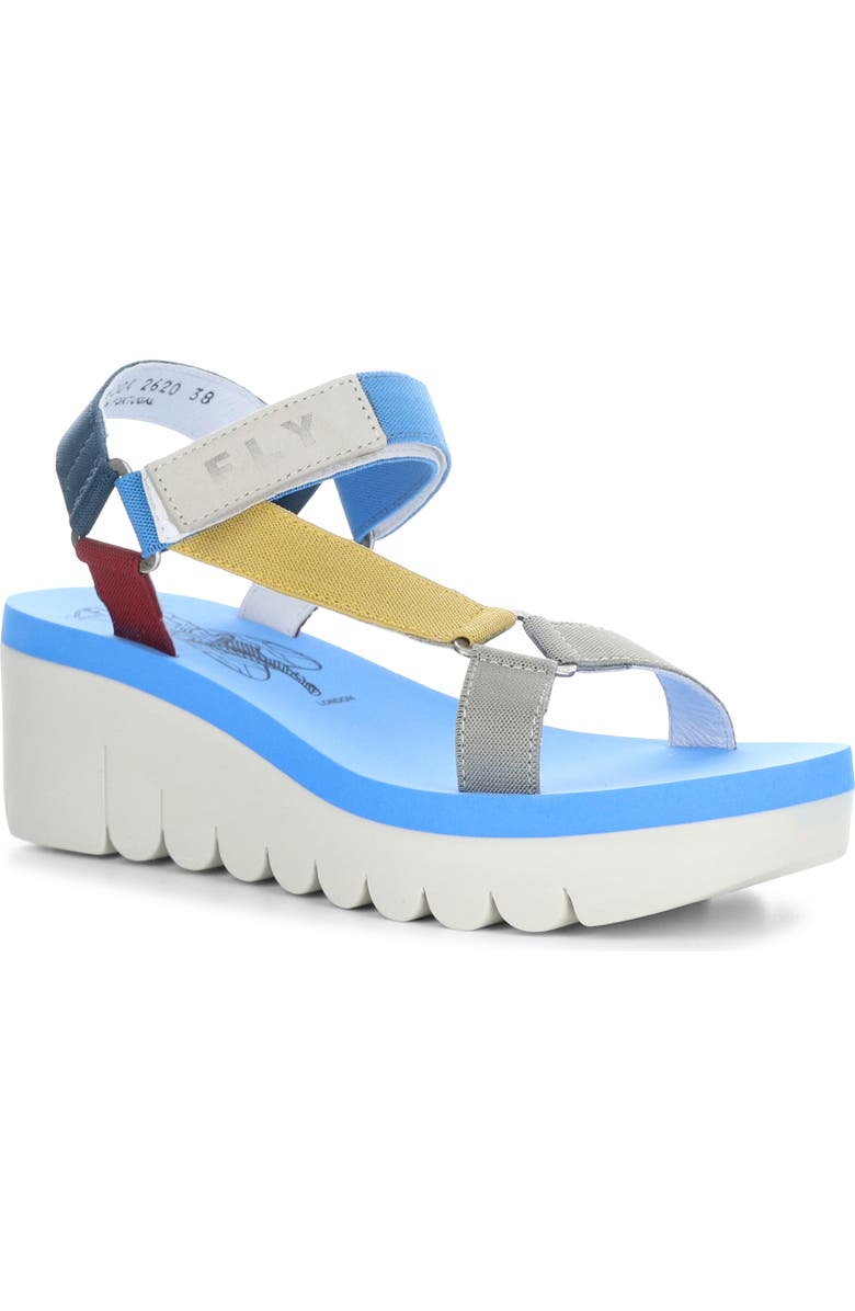 Fly London Yefa Wedge Sandal, Main, color, 004 Multi/Azure Grog