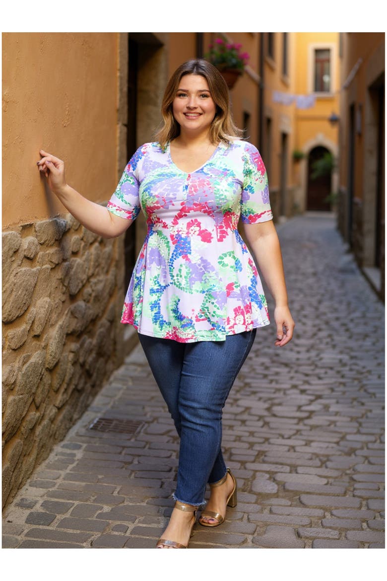 Plus Size Abstract V-Neck Elbow Sleeve Henley Tunic Top, Alternate, color, Purple Multi
