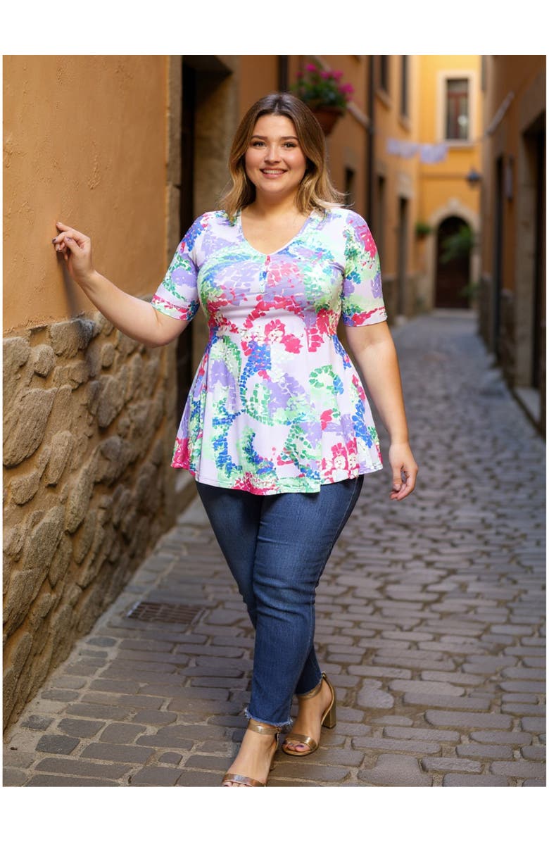 24seven Comfort Apparel Plus Size Abstract V-Neck Elbow Sleeve Henley Tunic Top, Alternate, color, Purple Multi