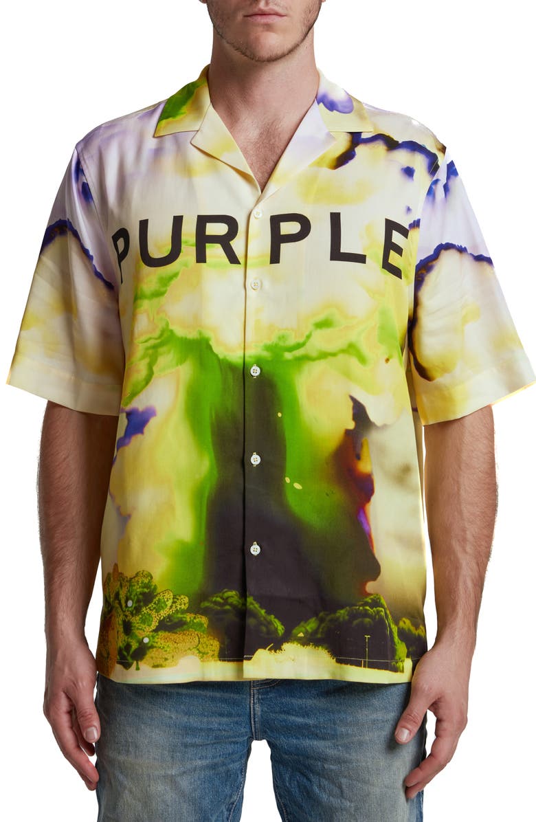 PURPLE BRAND Lyocell Graphic Camp Shirt, Main, color, Yellow Multi