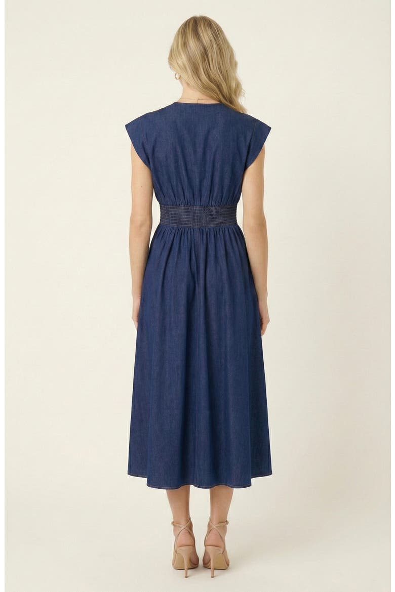 Zip Front Midi Dress with Cap Sleeves and Smocked Waist, Alternate, color, Denim