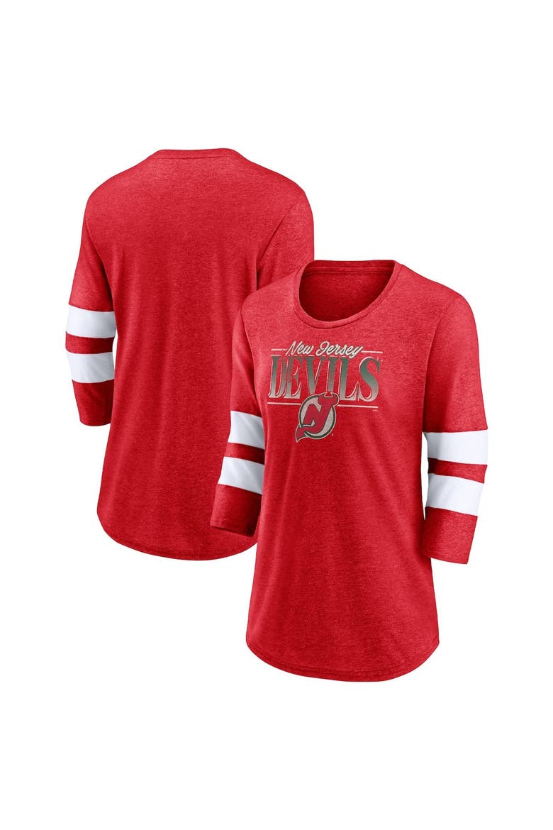 Women's Fanatics Branded Heathered Red/White New Jersey Devils Full Shield 3/4-Sleeve Tri-Blend Raglan Scoop Neck T-Shirt, Alternate, color, Heather Red