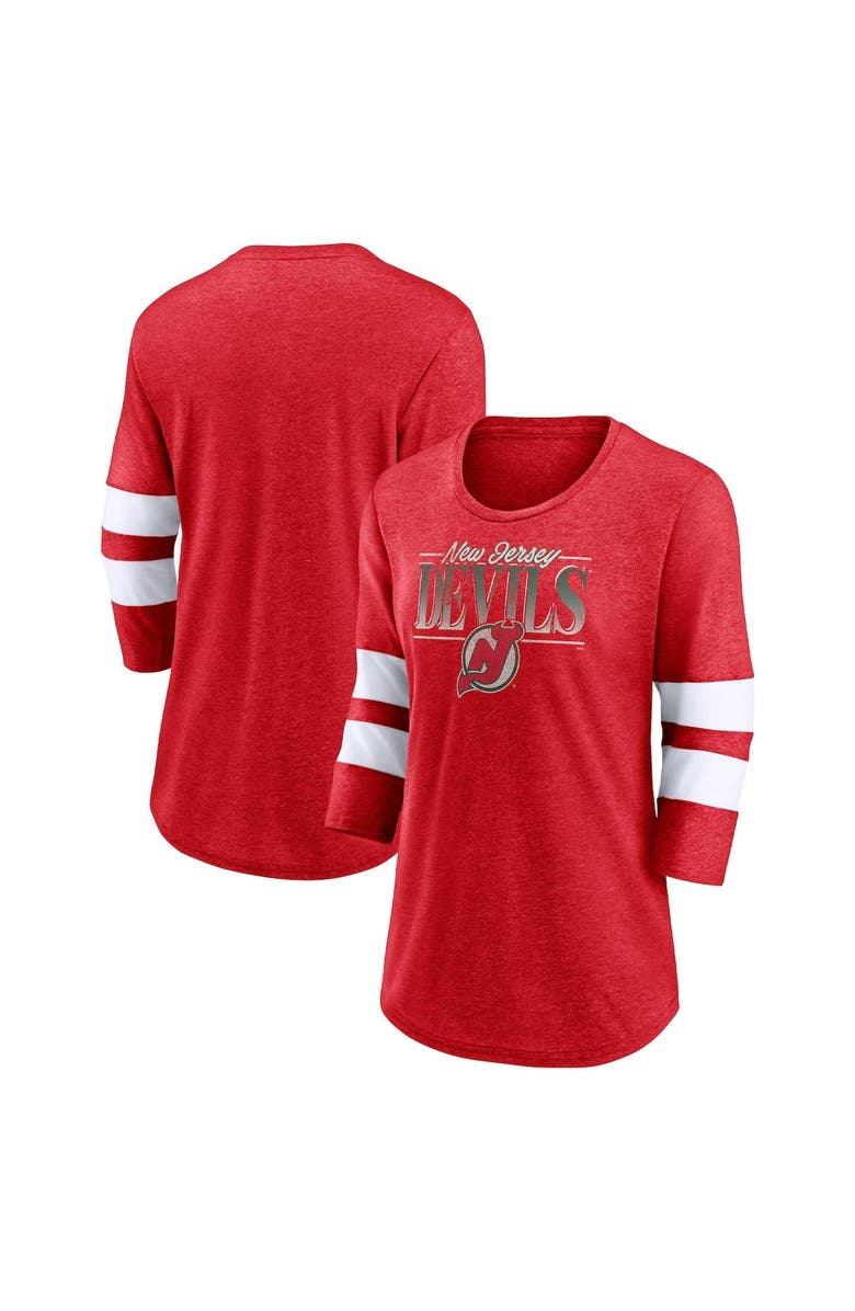 FANATICS Women's Fanatics Branded Heathered Red/White New Jersey Devils Full Shield 3/4-Sleeve Tri-Blend Raglan Scoop Neck T-Shirt, Alternate, color, 
