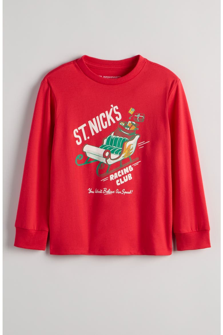 Kids' Long Sleeve Cotton Blend Graphic T-Shirt, Main, color, RED FESTIVE ST. NICKS RACING