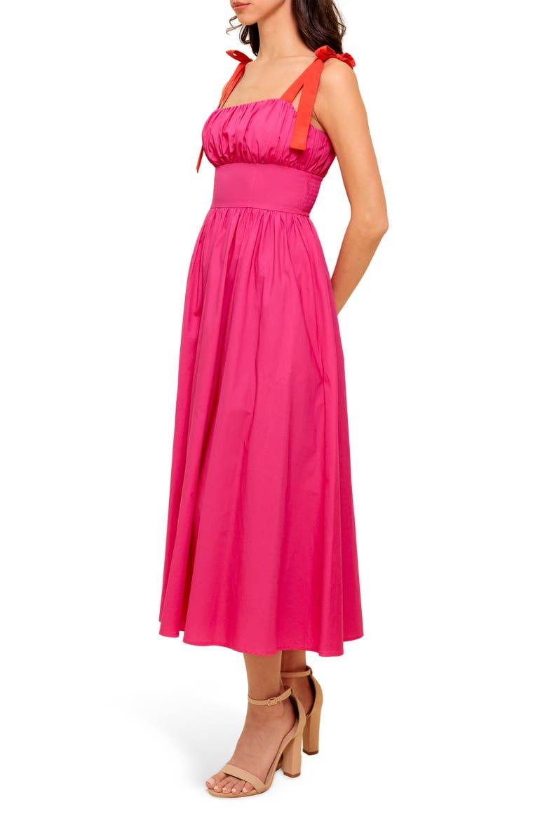 Bow Strap Gathered Midi Dress, Alternate, color, FUCHSIA